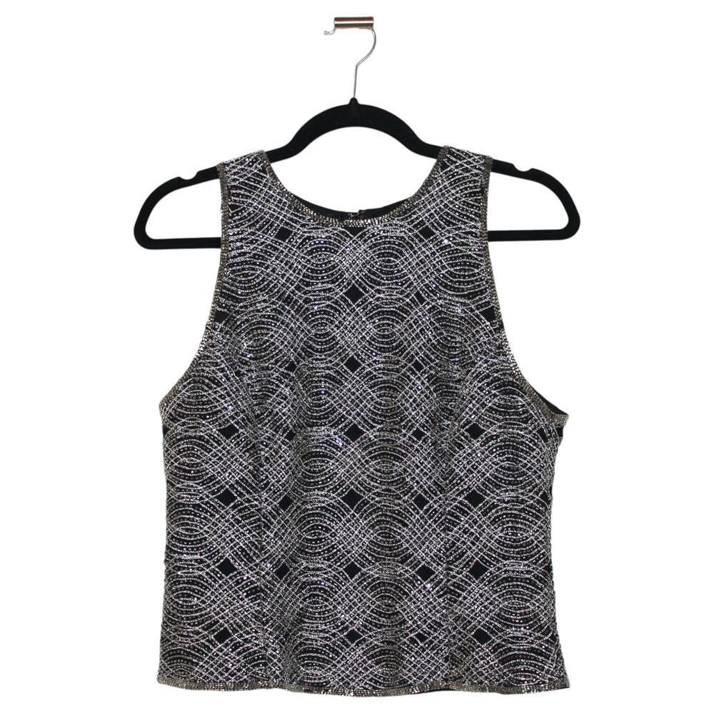 Laurence Kazar Black Silk Sleeveless Blouse Silver Hand Beaded Size Large